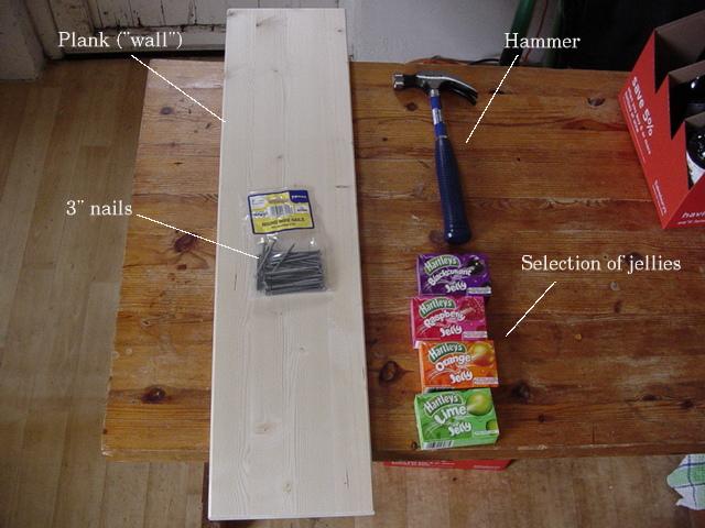 Hammer, nails, plank, jelly